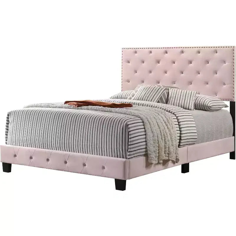 Velvet Tufted Panel Bed, for 152 × 203 cm Mattress