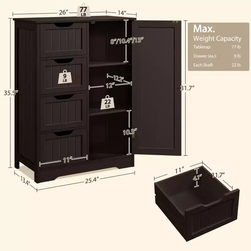 Wooden Bathroom Floor Cabinet with 4 Drawers and Cupboard