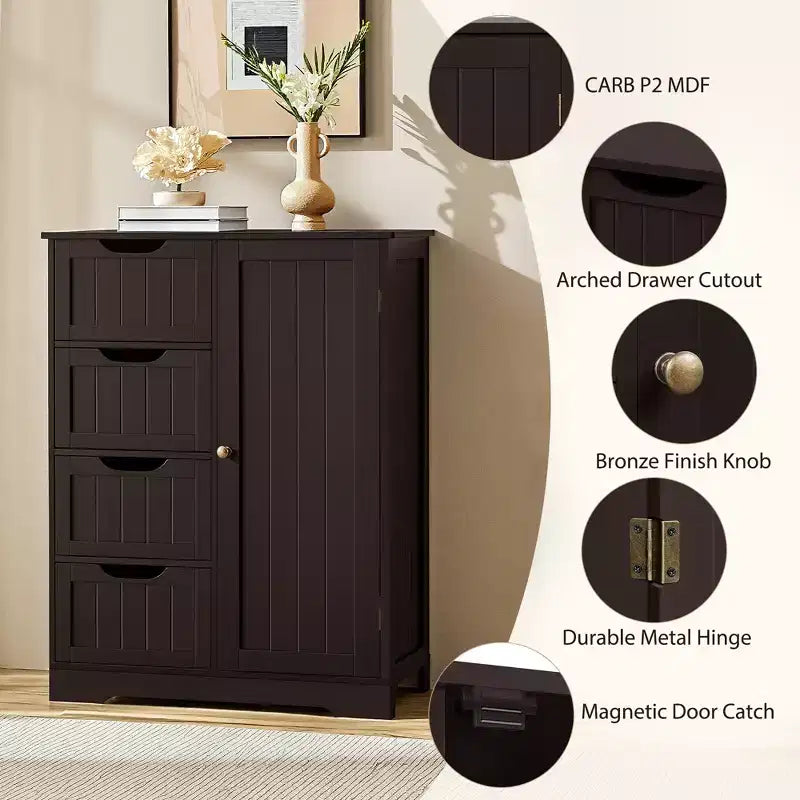 Wooden Bathroom Floor Cabinet with 4 Drawers and Cupboard