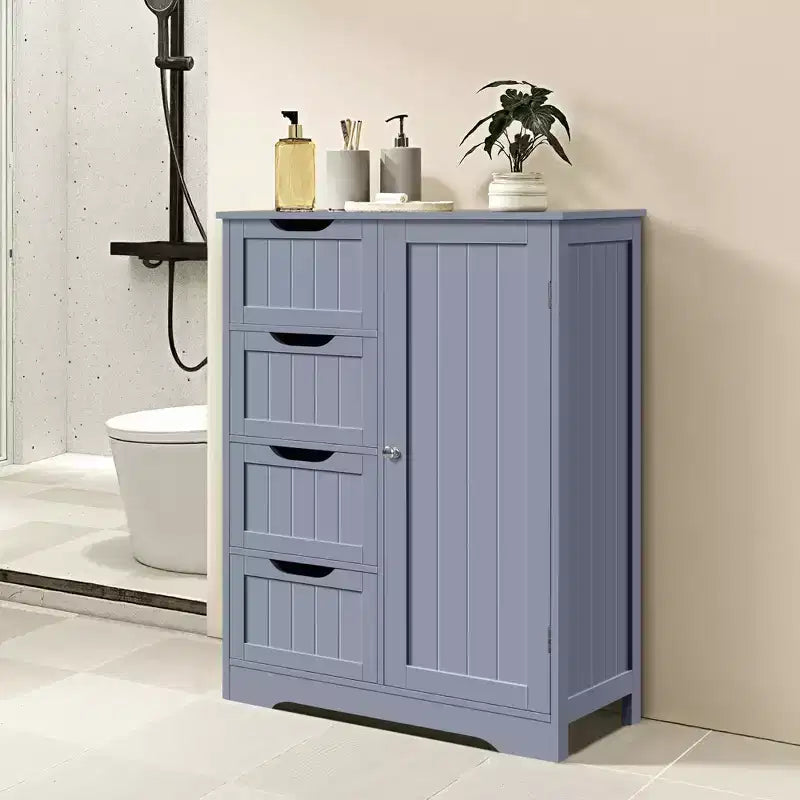 Wooden Bathroom Floor Cabinet with 4 Drawers and Cupboard