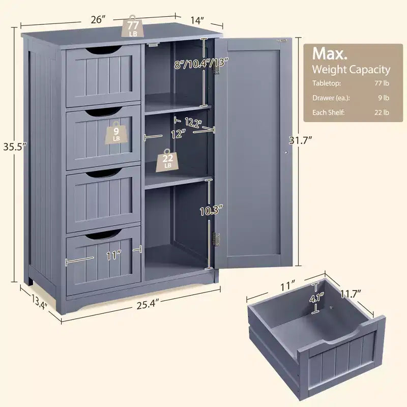 Wooden Bathroom Floor Cabinet with 4 Drawers and Cupboard
