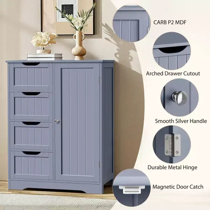 Wooden Bathroom Floor Cabinet with 4 Drawers and Cupboard