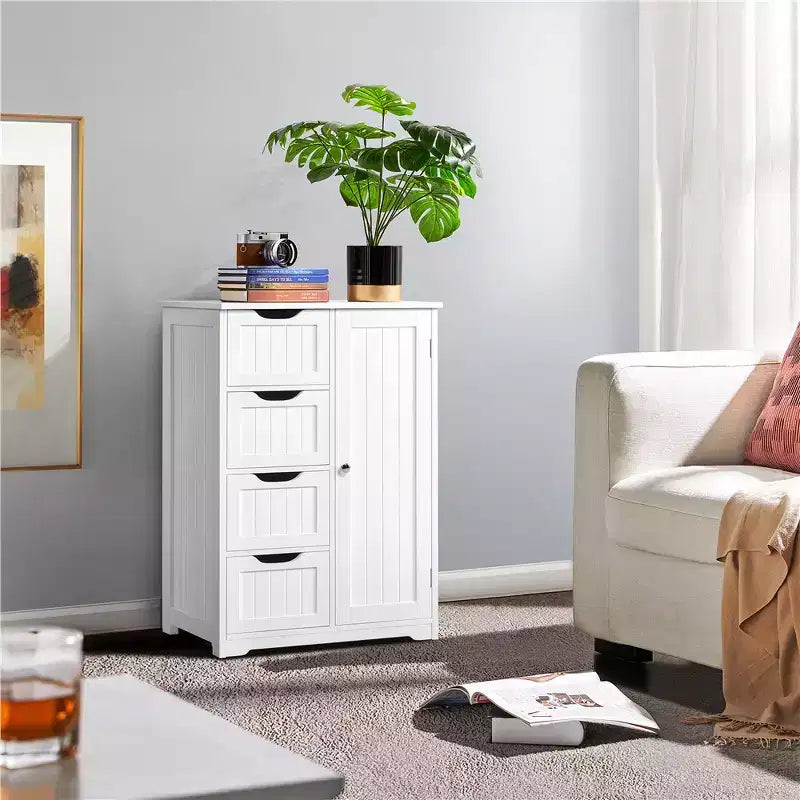 Wooden Bathroom Floor Cabinet with 4 Drawers and Cupboard