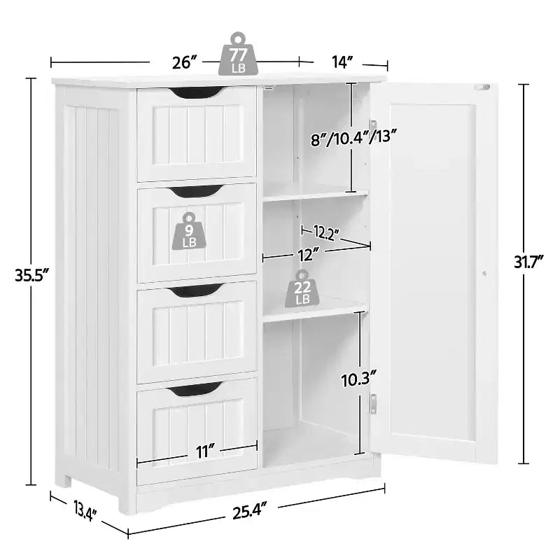 Wooden Bathroom Floor Cabinet with 4 Drawers and Cupboard