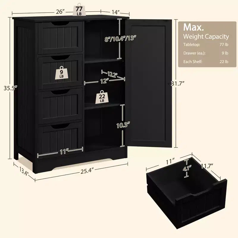Wooden Bathroom Floor Cabinet with 4 Drawers and Cupboard