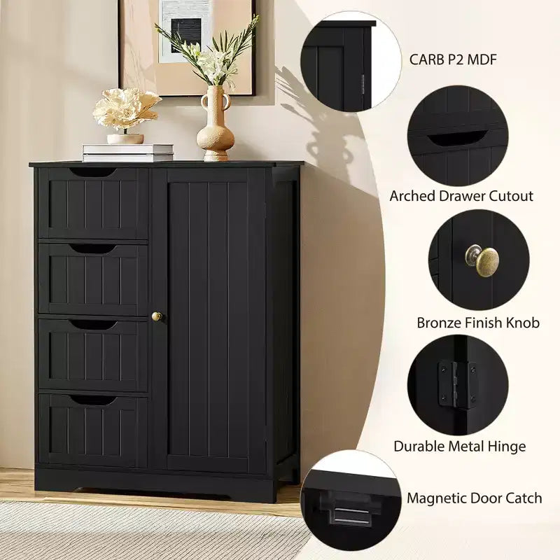 Wooden Bathroom Floor Cabinet with 4 Drawers and Cupboard