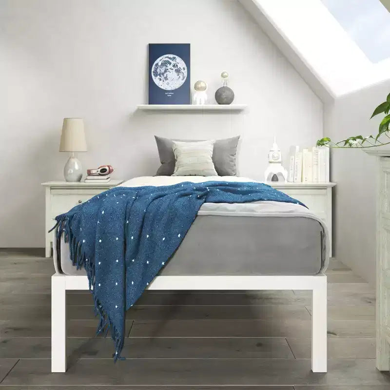 White Metal Platform Bed Frame, 35.6 cm High, for 96 × 189.2 cm Mattress