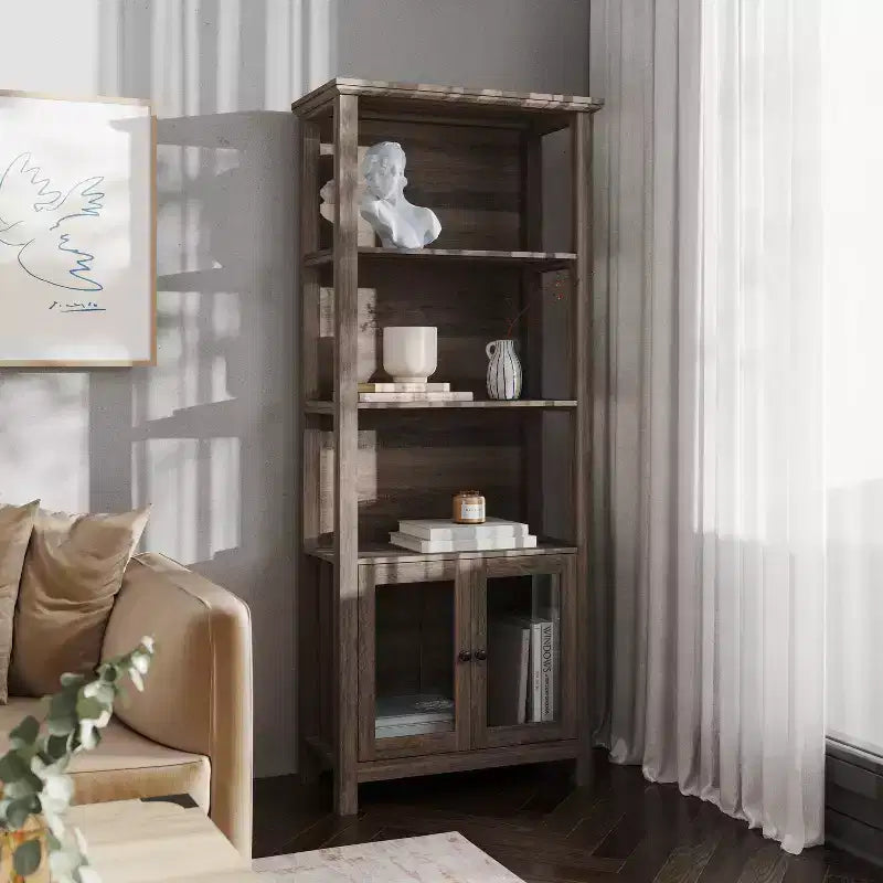 Modern Farmhouse Wooden Bookcase with Tempered Glass Cabinet Doors