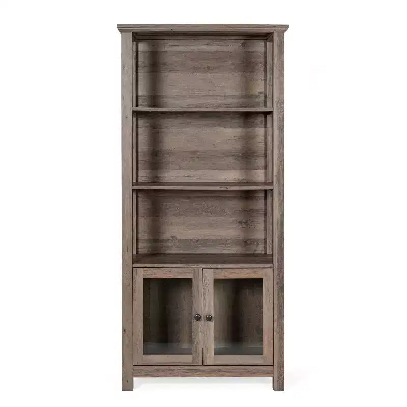 Modern Farmhouse Wooden Bookcase with Tempered Glass Cabinet Doors
