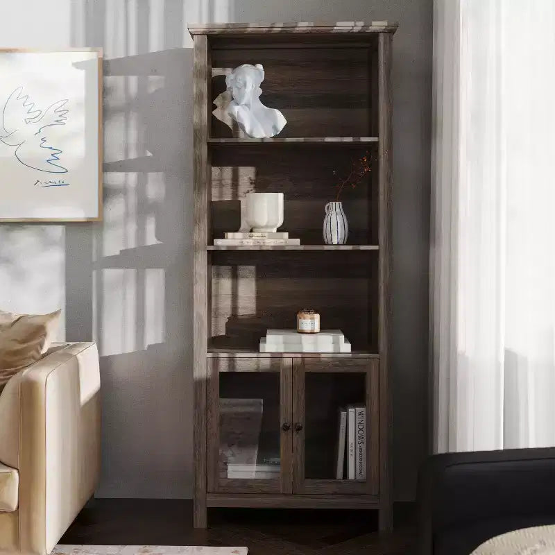 Modern Farmhouse Wooden Bookcase with Tempered Glass Cabinet Doors