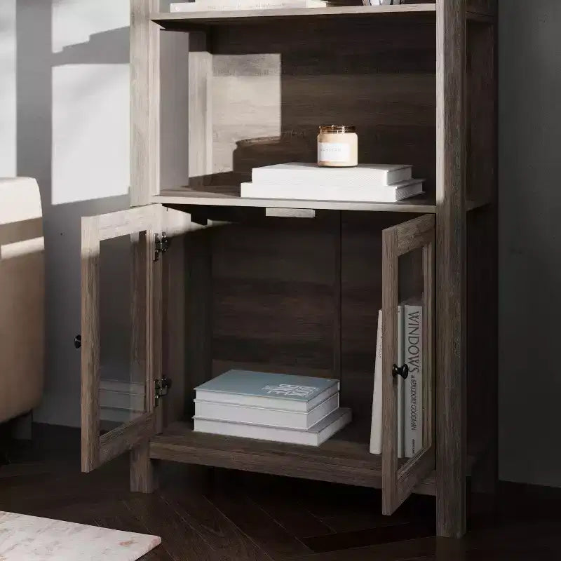 Modern Farmhouse Wooden Bookcase with Tempered Glass Cabinet Doors