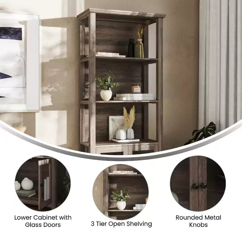 Modern Farmhouse Wooden Bookcase with Tempered Glass Cabinet Doors