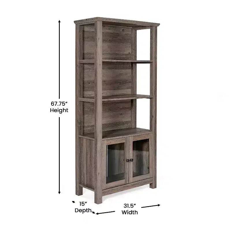 Modern Farmhouse Wooden Bookcase with Tempered Glass Cabinet Doors