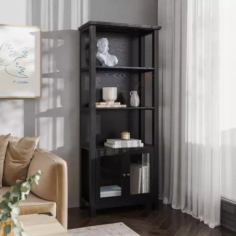 Modern Farmhouse Wooden Bookcase with Tempered Glass Cabinet Doors