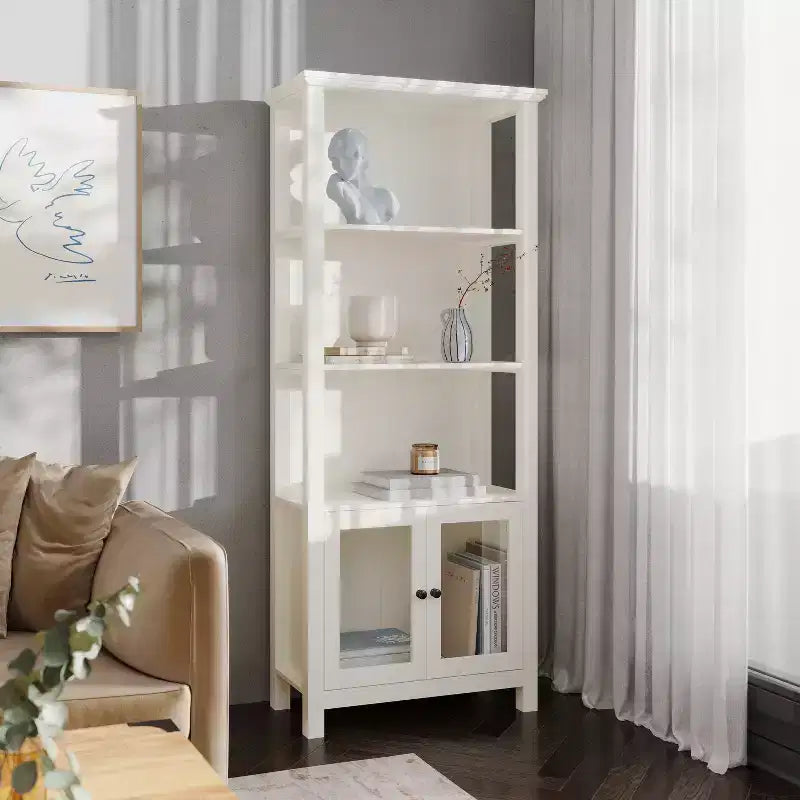 Modern Farmhouse Wooden Bookcase with Tempered Glass Cabinet Doors