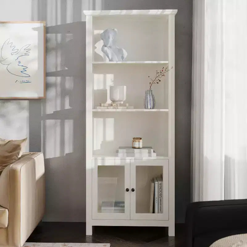 Modern Farmhouse Wooden Bookcase with Tempered Glass Cabinet Doors