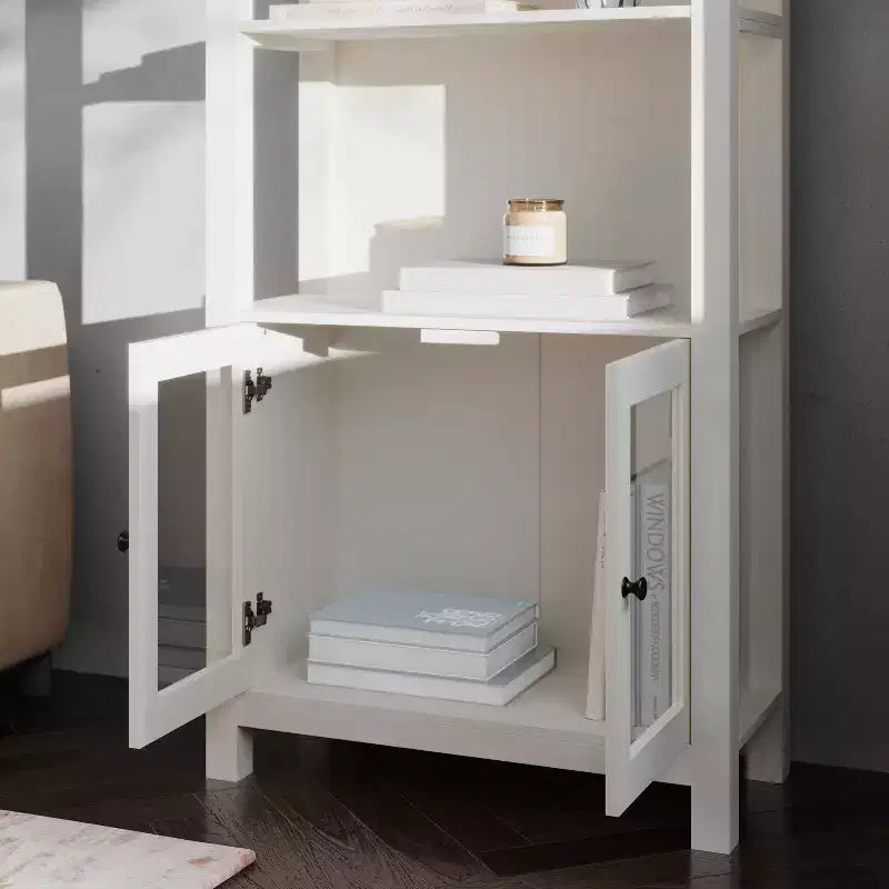 Modern Farmhouse Wooden Bookcase with Tempered Glass Cabinet Doors