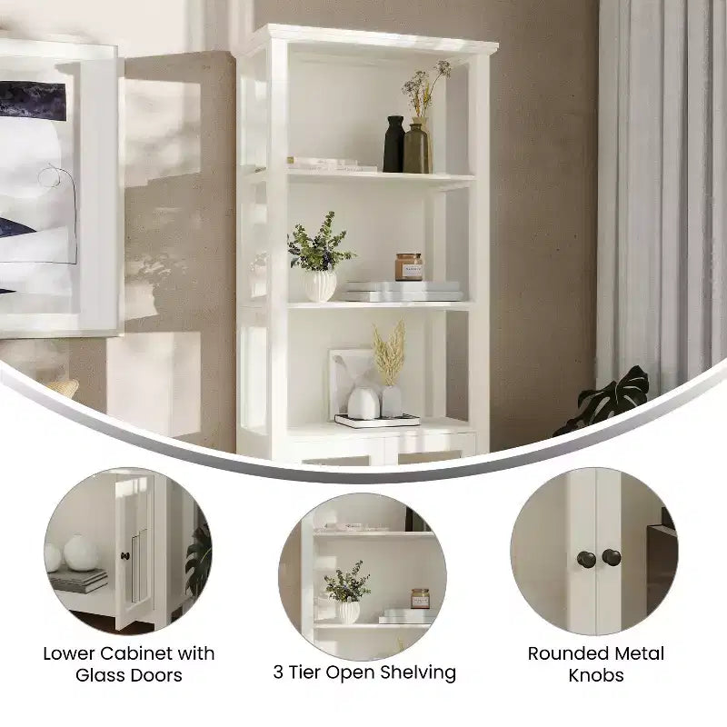 Modern Farmhouse Wooden Bookcase with Tempered Glass Cabinet Doors