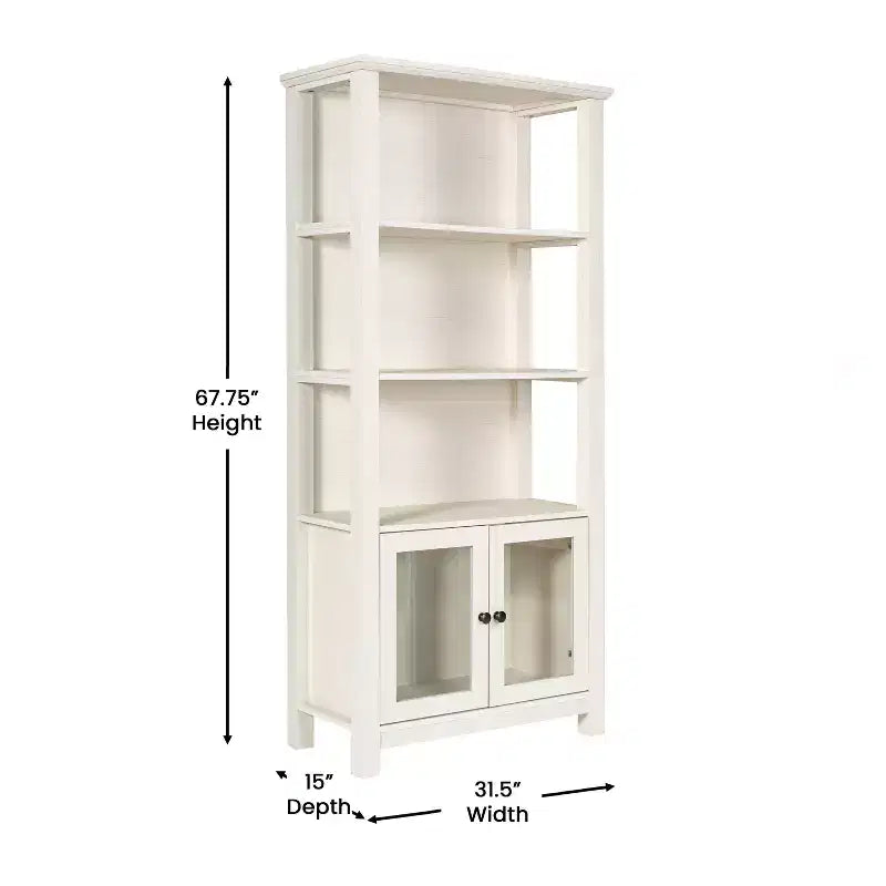 Modern Farmhouse Wooden Bookcase with Tempered Glass Cabinet Doors
