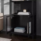 Modern Farmhouse Wooden Bookcase with Tempered Glass Cabinet Doors