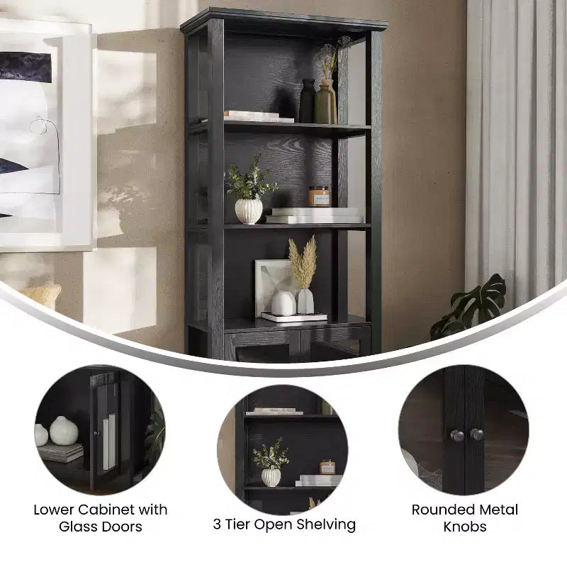 Modern Farmhouse Wooden Bookcase with Tempered Glass Cabinet Doors