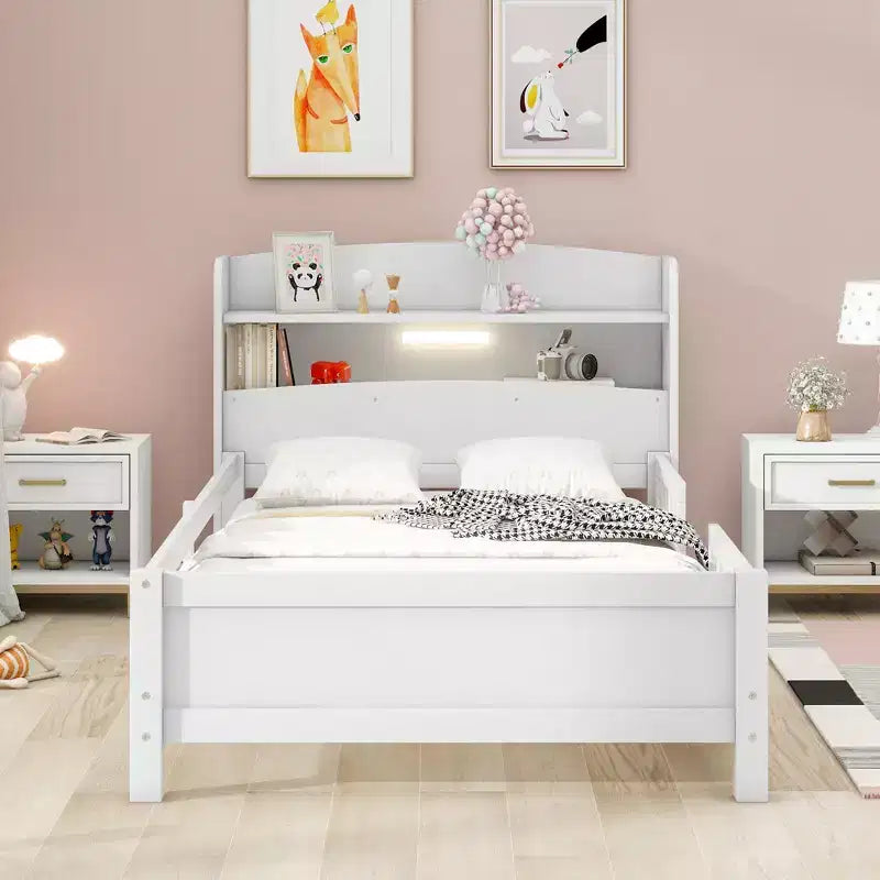 Wood Platform Bed with Built-in LED Lights and Storage Headboard