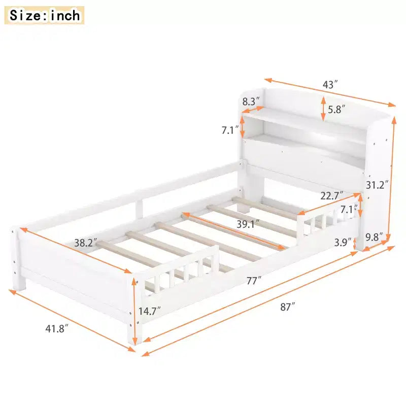 Wood Platform Bed with Built-in LED Lights and Storage Headboard