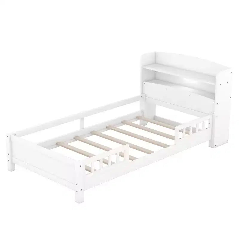 Wood Platform Bed with Built-in LED Lights and Storage Headboard