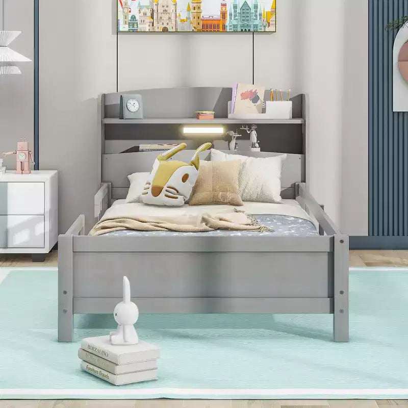 Wood Platform Bed with Built-in LED Lights and Storage Headboard