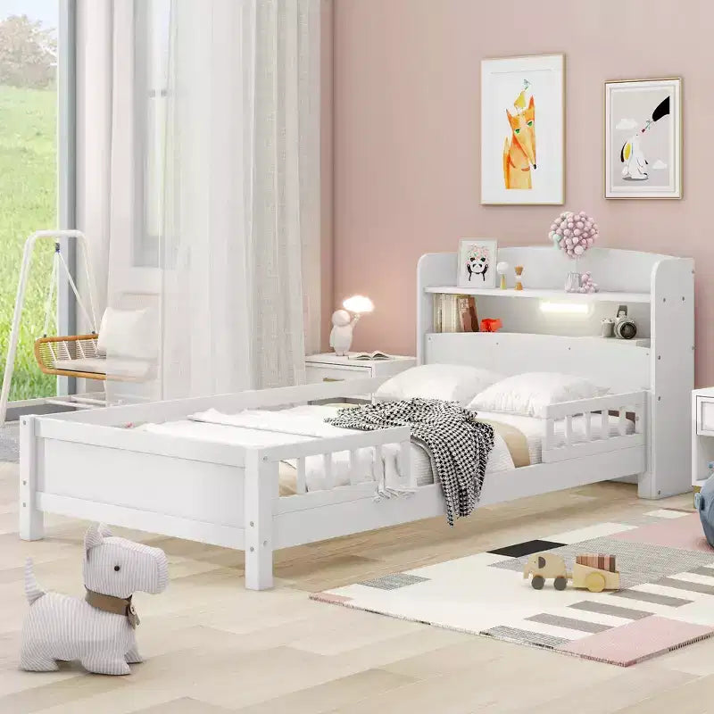 Wood Platform Bed with Built-in LED Lights and Storage Headboard