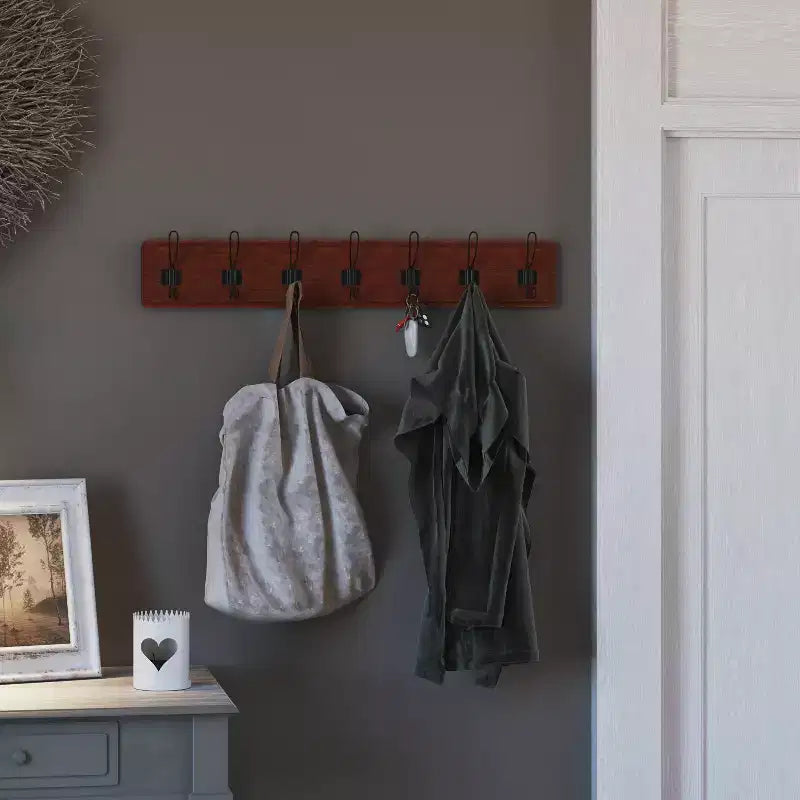 Wall Mount Pine Wood Storage Rack with 7 Hanging Hooks, 86.4 cm