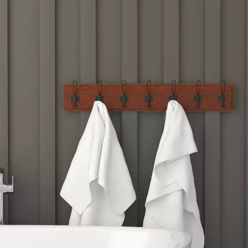 Wall Mount Pine Wood Storage Rack with 7 Hanging Hooks, 86.4 cm