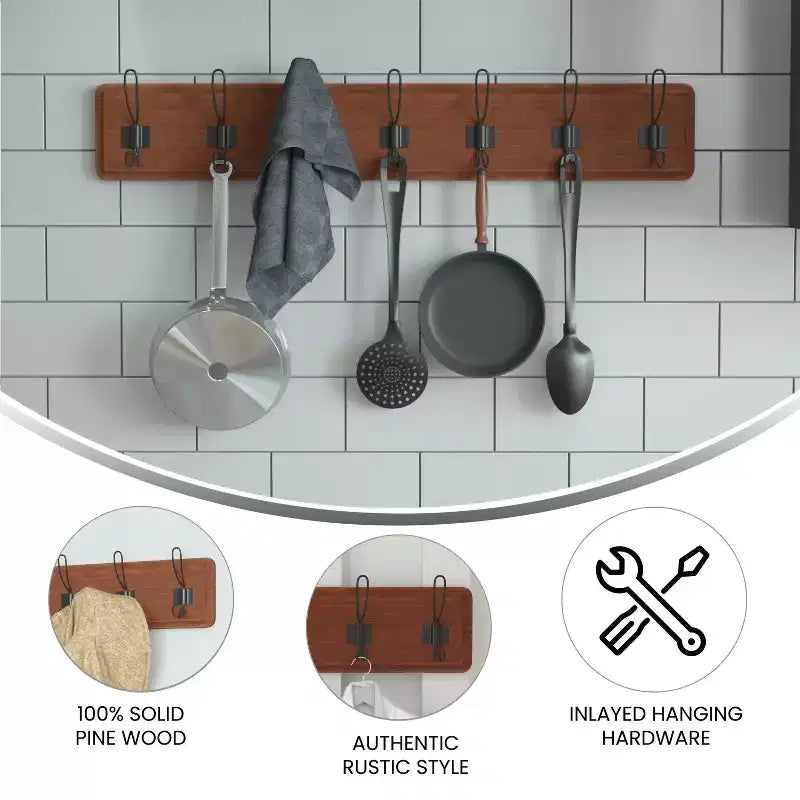 Wall Mount Pine Wood Storage Rack with 7 Hanging Hooks, 86.4 cm