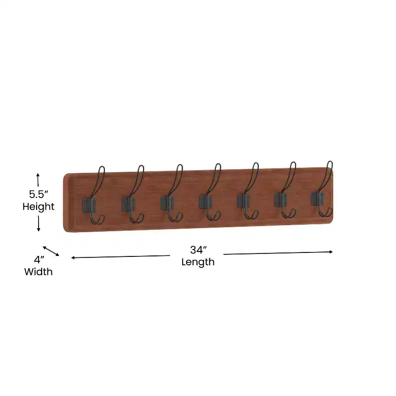 Wall Mount Pine Wood Storage Rack with 7 Hanging Hooks, 86.4 cm