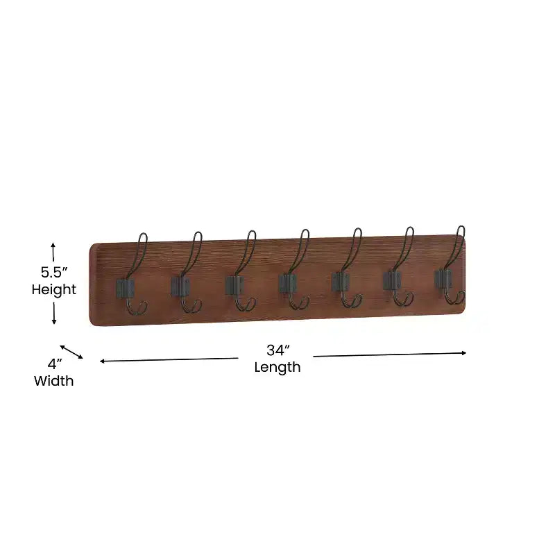 Wall Mount Pine Wood Storage Rack with 7 Hanging Hooks, 86.4 cm