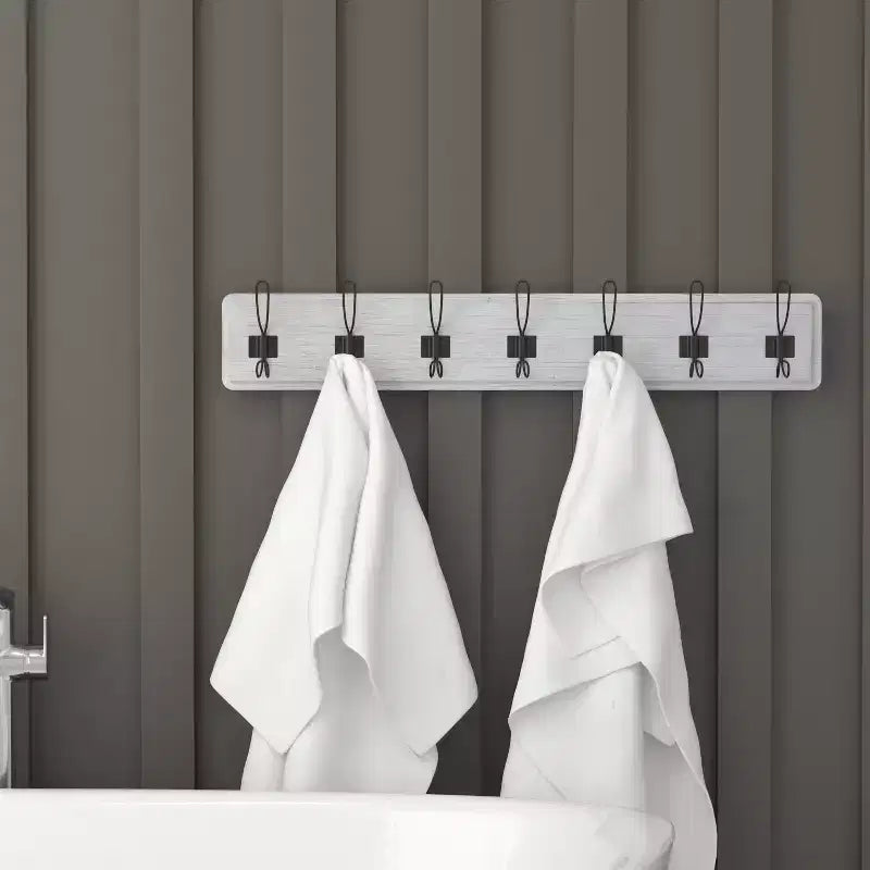 Wall Mount Pine Wood Storage Rack with 7 Hanging Hooks, 86.4 cm