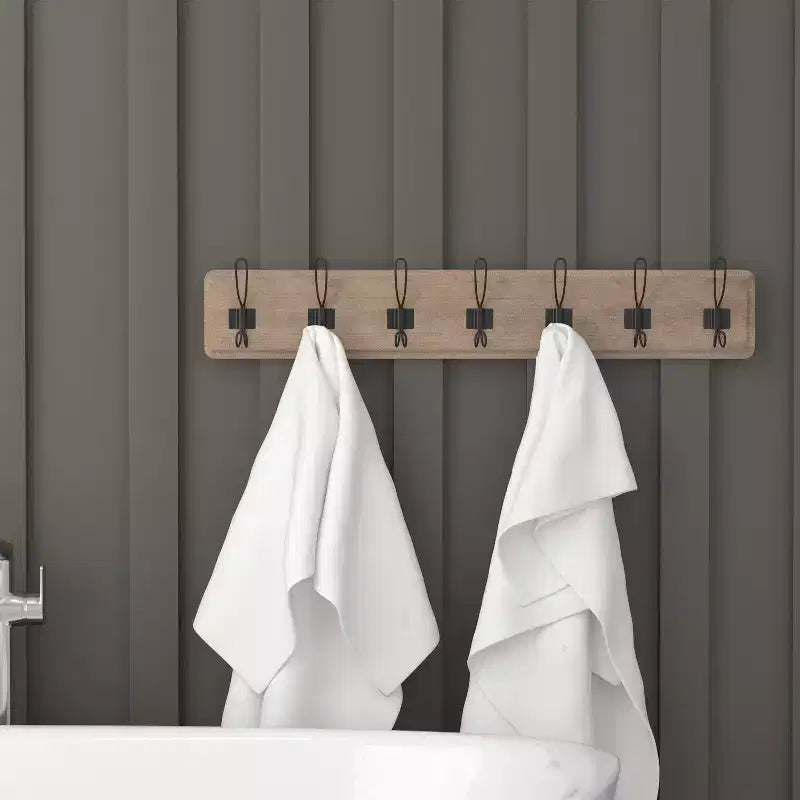 Wall Mount Pine Wood Storage Rack with 7 Hanging Hooks, 86.4 cm