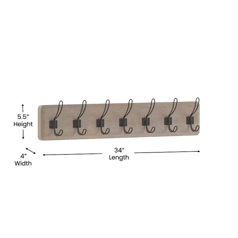 Wall Mount Pine Wood Storage Rack with 7 Hanging Hooks, 86.4 cm