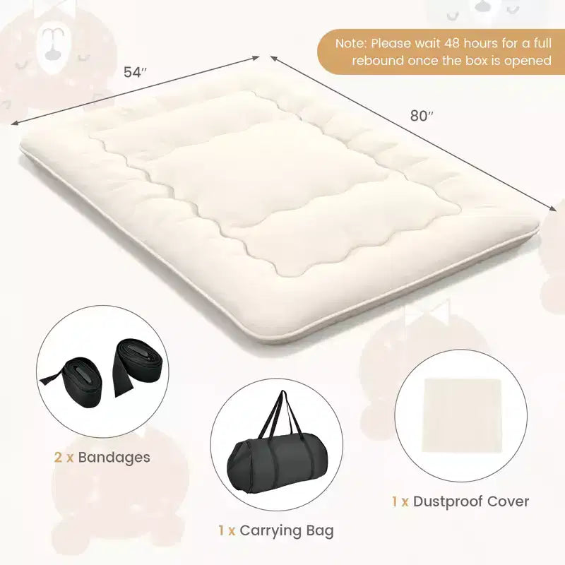 Beige Japanese-Style Floor Futon Mattress with Washable Cover and Carry Bag