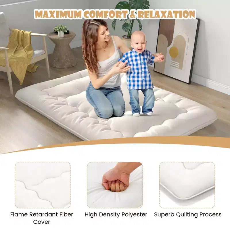 Beige Japanese-Style Floor Futon Mattress with Washable Cover and Carry Bag