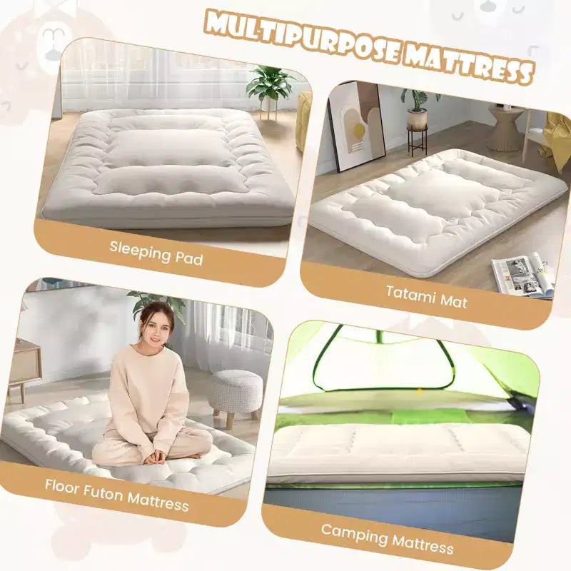 Beige Japanese-Style Floor Futon Mattress with Washable Cover and Carry Bag