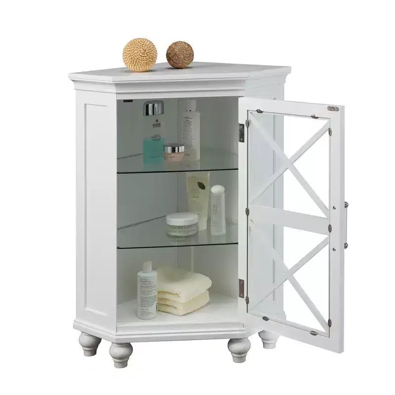 Freestanding Wooden Corner Floor Cabinet with Tempered Glass Door