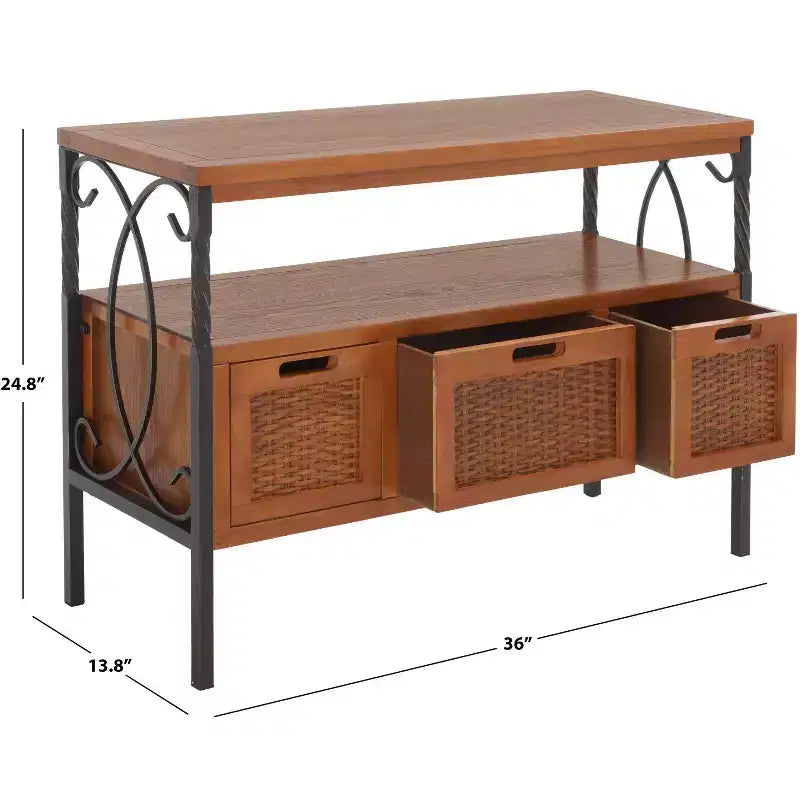 Pine Wood Media Console with Wicker Drawer Fronts and Pewter Frame