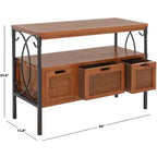 Pine Wood Media Console with Wicker Drawer Fronts and Pewter Frame