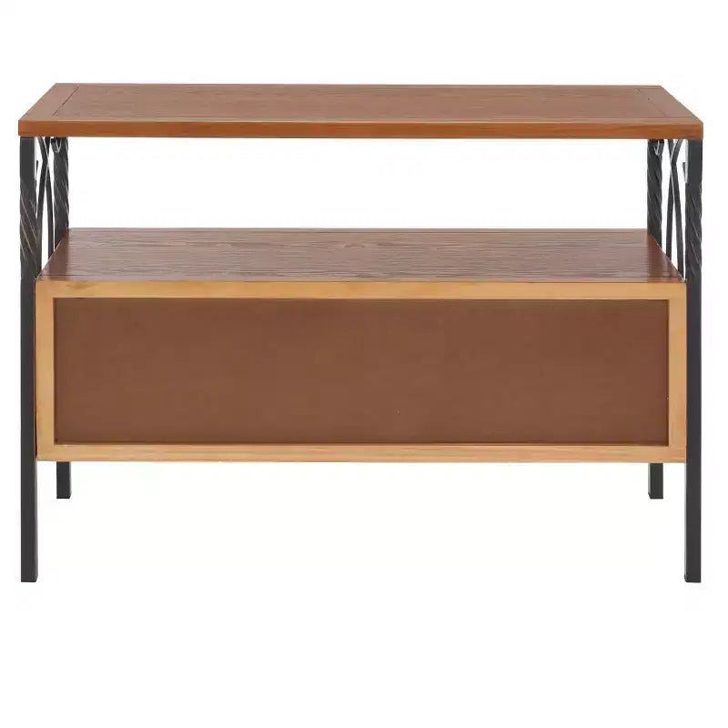 Pine Wood Media Console with Wicker Drawer Fronts and Pewter Frame
