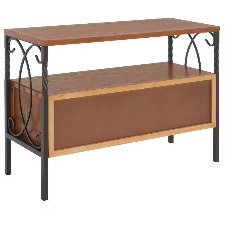 Pine Wood Media Console with Wicker Drawer Fronts and Pewter Frame