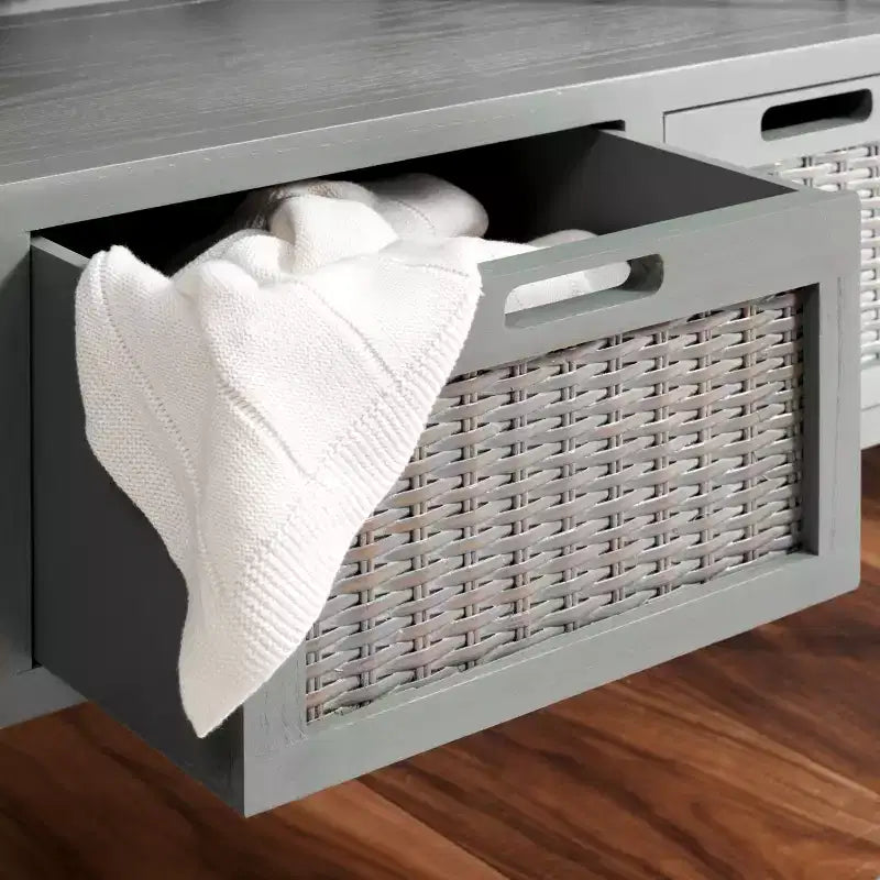 Pine Wood Media Console with Wicker Drawer Fronts and Pewter Frame