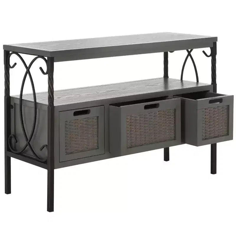 Pine Wood Media Console with Wicker Drawer Fronts and Pewter Frame