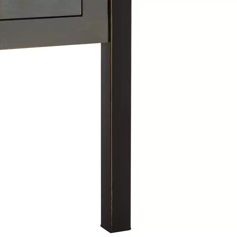 Pine Wood Media Console with Wicker Drawer Fronts and Pewter Frame