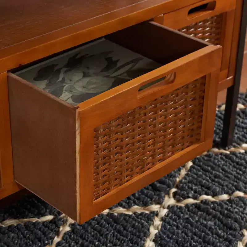 Pine Wood Media Console with Wicker Drawer Fronts and Pewter Frame